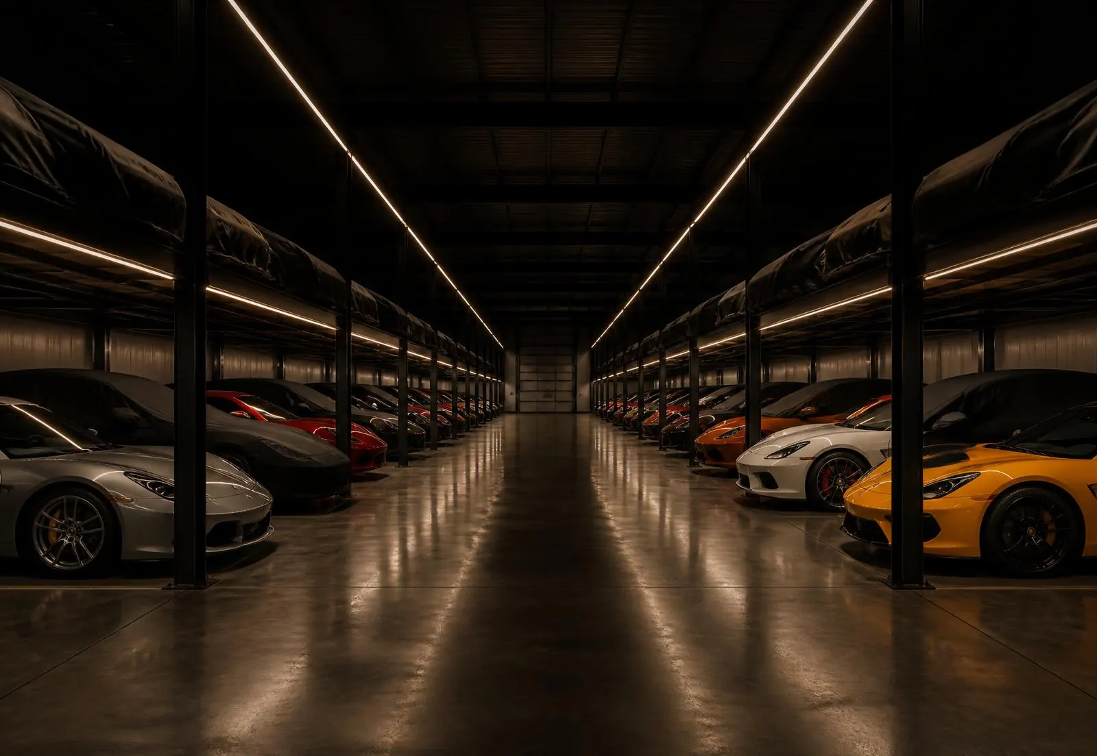 Climate-controlled storage aisle at night